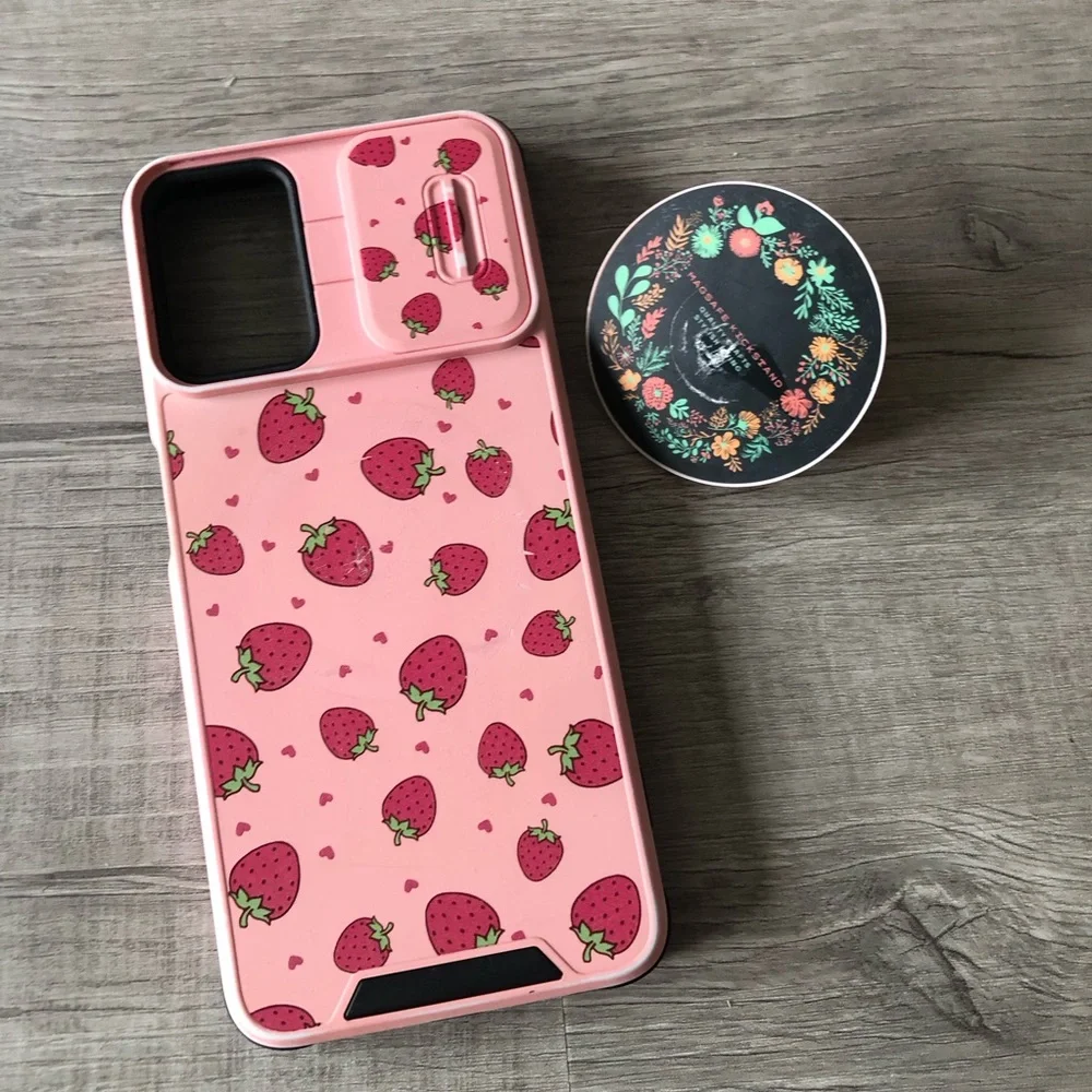 Pink Strawberry Pattern Phone Case with Ring Stand